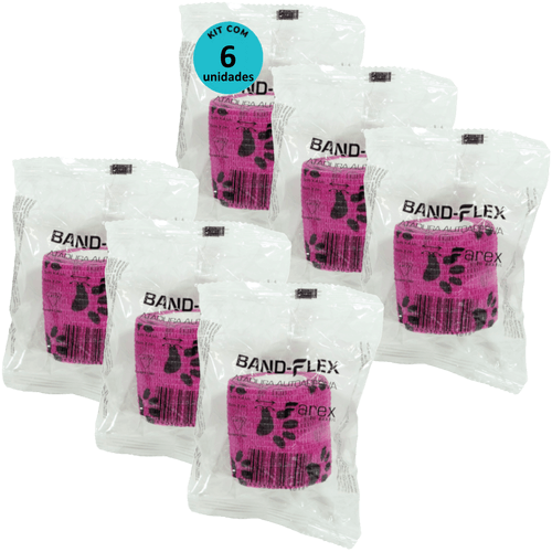 Atadura 5cm Rosa Com Patinhas Band-Flex Autoadesiva Para Animais Farex Kit Com 6